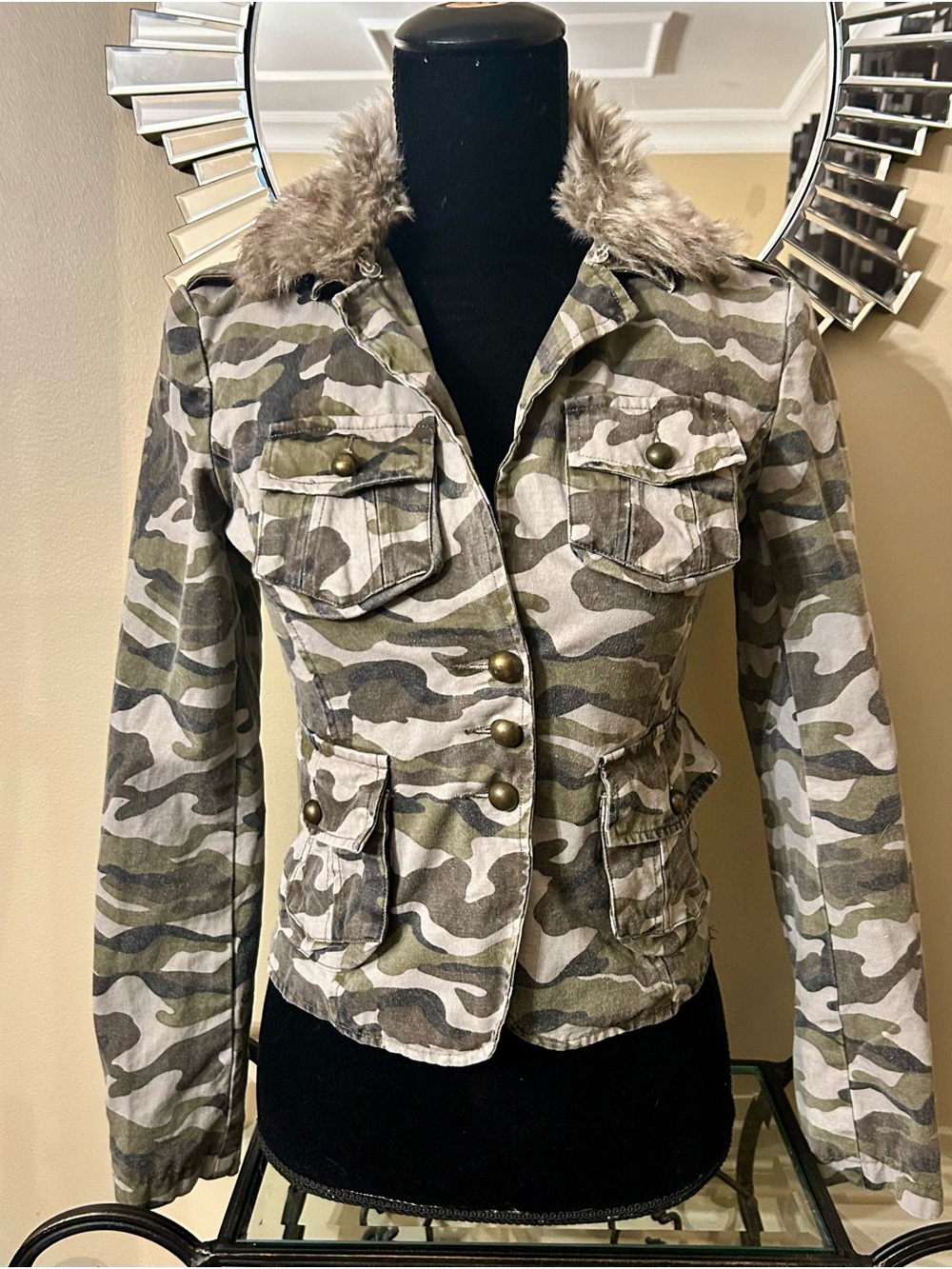 Camo Utility Jacket with Faux Fur Collar